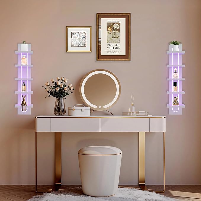 5 Tier Wall Shelf Unit with Light-Small Floating Shelves for Home Decor, Modern Unique Asymmetric Design for Bedroom & Living Room Storage