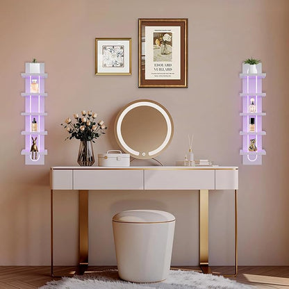 5 Tier Wall Shelf Unit with Light-Small Floating Shelves for Home Decor, Modern Unique Asymmetric Design for Bedroom & Living Room Storage