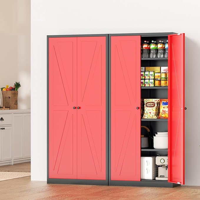 INTERGRAET 63" H Pantry Cabinet, Kitchen Pantry Storage Cabinets with 2 Doors and 4 Shelves, Metal Storage Cabinet,Cupboard for Home,Kitchen,Living Room/Dining, Black Red