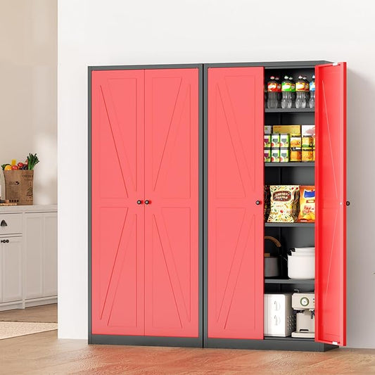 INTERGRAET 63" H Pantry Cabinet, Kitchen Pantry Storage Cabinets with 2 Doors and 4 Shelves, Metal Storage Cabinet,Cupboard for Home,Kitchen,Living Room/Dining, Black Red