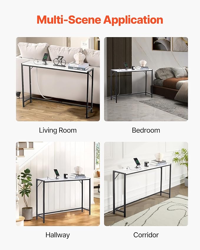 VEVOR Marble Console Table, Modern Narrow Long Console Table with Power Outlet, Thin Sofa Side Table with Iron Tubes, Anti-Tip Device and Triangular Support for Living Room, Hallway, Entryway, Foyer