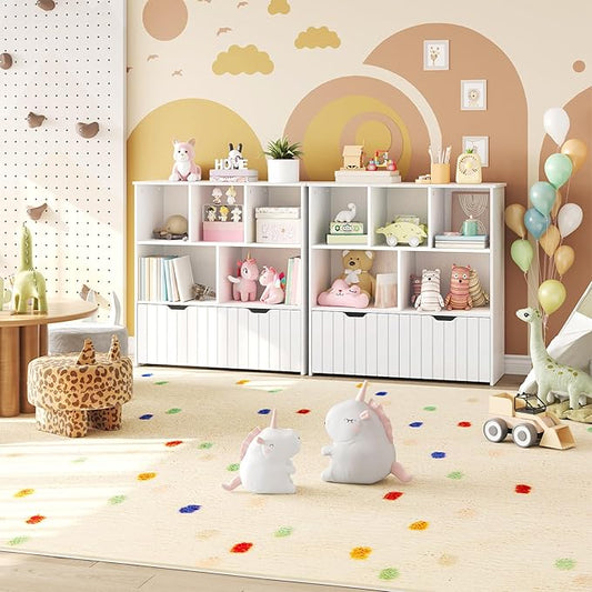 HOOBRO Toy Storage Organizer, Toy Organizers and Storage with 2 Movable Drawers and 5 Cubbies, Toy Chest Shelf for Books or Dolls, Kids Bookshelf and Toy Storage for Playroom, White WT88CW01
