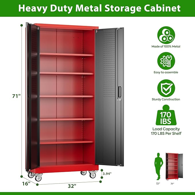 71" H Garage Storage Cabinet with Wheels and Pegboard, Lockable Metal Storage Cabinet with 5 Adjustable Shelves and 4 Hooks for Garage,Warehouse, Home, Assembly Required, Black and Red