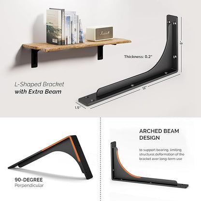 BATODA 12" x 6" L Bracket with Beam - Shelf Brackets Black 300 Lbs Capacity - Heavy Duty Shelving Brackets for Floating Shelves - Wall Mounted Support for DIY – Mounting Hardware Included (Pack 4)