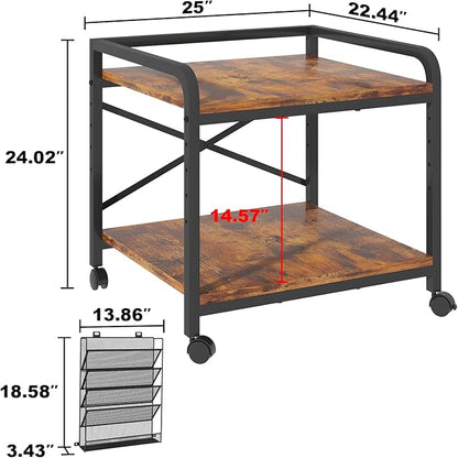 EasyCom 24"x20" Large Printer Stand with Hanging File Holder Organizer, Adjustable Height Shelf with Wheels, Under Desk Table with Storage for Printer Scanner Fax Home Office Use Rustic Brown