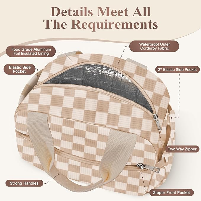 Lunch Box for Women, Cute Corduroy Insulated Lunch Bag Women Reusable Work Simple Adults Large Lunch Boxes Tote Bag Men Cooler Bag