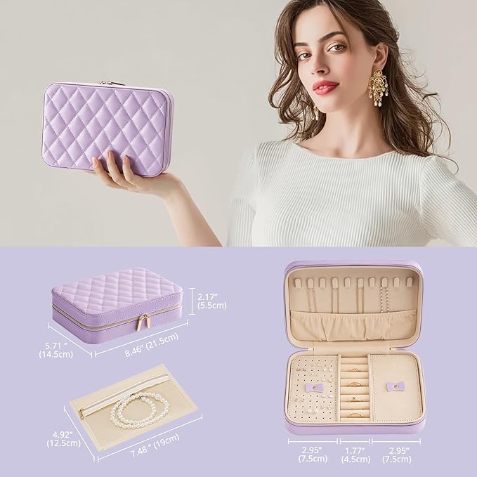 Lolalet Travel Jewelry Case for Women Girls, Travel Jewelry Organizer Box with Mirror & Clear Storage Bag, Small Portable Earring Necklace Bracelet Ring Case, Birthday Valentine Gifts -Medium, Purple