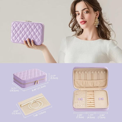 Lolalet Travel Jewelry Case for Women Girls, Travel Jewelry Organizer Box with Mirror & Clear Storage Bag, Small Portable Earring Necklace Bracelet Ring Case, Birthday Valentine Gifts -Medium, Purple