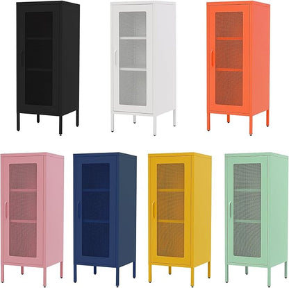Slim Metal Storage Cabinet with Mesh Doors - 42'' Tall Narrow Organizer Tower, Compact Freestanding Cabinet, Versatile Utility Storage for Home, Office, Bedroom, or Kitchen, Durable and Modern Design