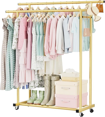 Abiglifty Double Rods Clothes Rack for Hanging Clothes, Clothing Rack with Wheels, Portable Closet Organizer for Laundry, Room (Gold)