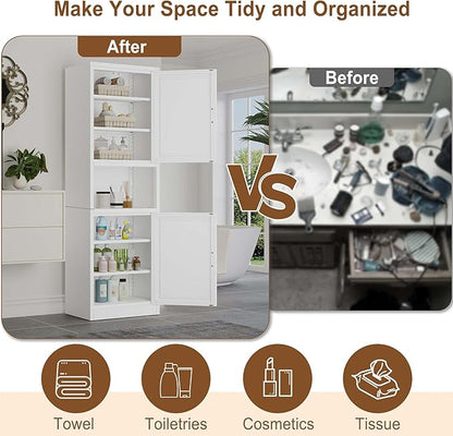 67" Tall Narrow Storage Cabinet Metal Bathroom Cabinet with 2 Doors & 4 Adjustable Shelves, Standing Pantry Cabinets Cupboard for Kitchen, Dining Room, Living Room and Bathroom (White)
