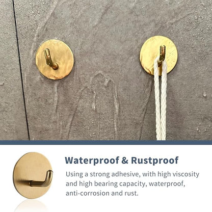 Adhesive Hooks Heavy Duty Waterproof in Shower Hooks for Hanging Loofah, Towels, Clothes, Robes for Bathroom Removable Adhesive Wall Hooks Door Hook Stainless Steel Stick on Hooks 4 Pcs (Gold)