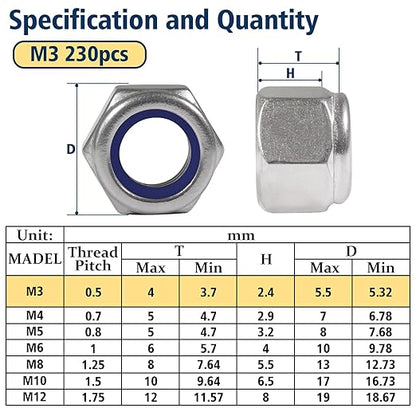 230 Pack M3-0.5mm Nylon Insert Lock Nuts，304 (A2-70) Stainless Steel Locknuts，Standard Metric Thread Nylock Nuts