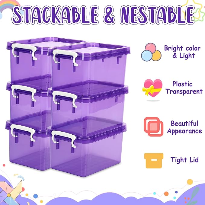 6 Pack 4 Quart Colorful Plastic Storage Bins with Lids Stackable Storage Bins with Latching Lids Handle Clear Colored Storage Organizer Bins for Home Office Pantry Containers(Purple)