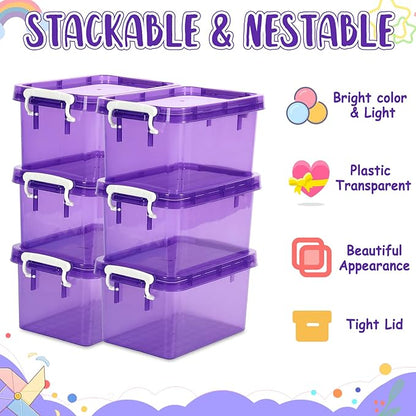 6 Pack 4 Quart Colorful Plastic Storage Bins with Lids Stackable Storage Bins with Latching Lids Handle Clear Colored Storage Organizer Bins for Home Office Pantry Containers(Purple)