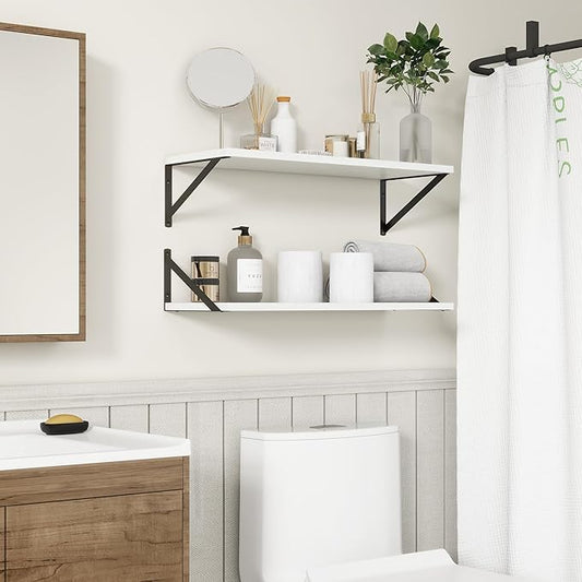 Fun Memories 27.5" W x10 D Floating Shelves, White Wall Shelf with Brackets, 10 Inch Deep Floating Shelf Set of 2, Large Storage Kitchen Living Room Bathroom Shelves, Wood Wall Mounted Shelf