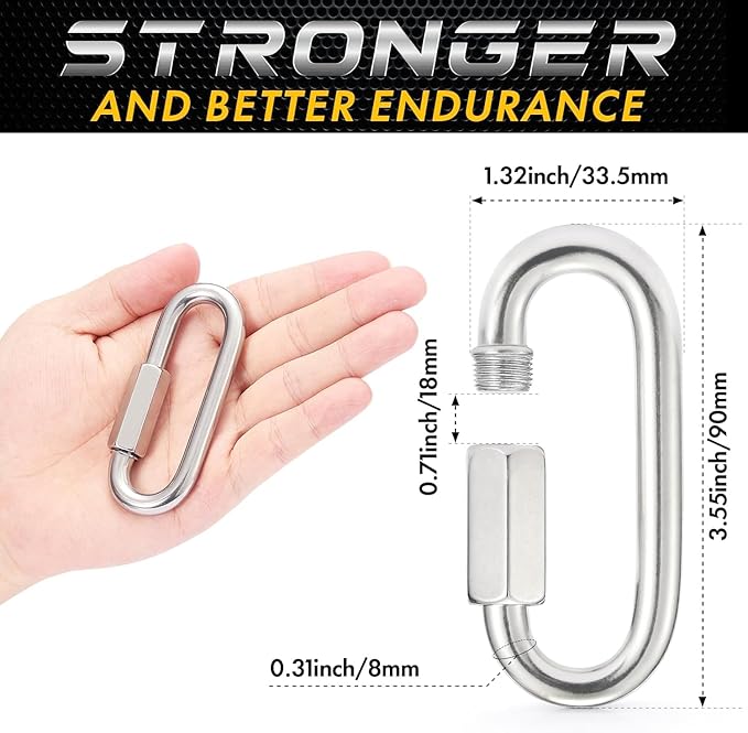 sprookber Stainless Steel Chain Quick Links - 304 Stainless Stee Chain Connector, Screw Carabiner, Chain Hooks, Set of 6