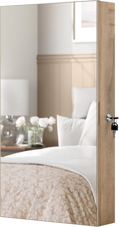 SONGMICS Mirror Jewelry Cabinet Armoire with Built-in LED Lights, Wall or Door Mounted Jewelry Storage Organizer, 3.8 x 14.6 x 26.4 Inches Hanging Mirror Cabinet, Gift Idea, Camel Brown UJJC050N01