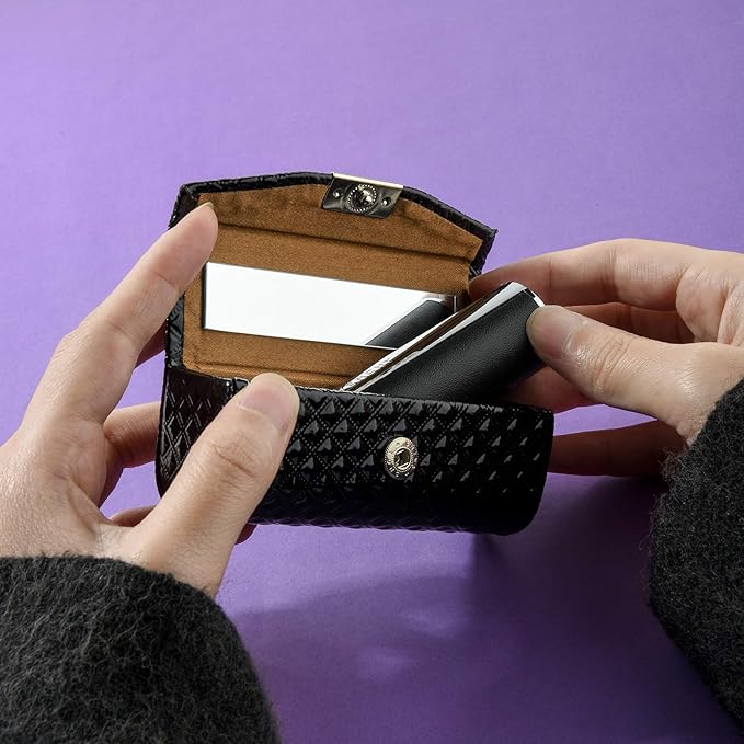 Beautyflier Women’s PU Leather Lipstick Case Holder with Mirror Rectangle Makeup Travel Cases for Purse Lipstick Holder (Black)