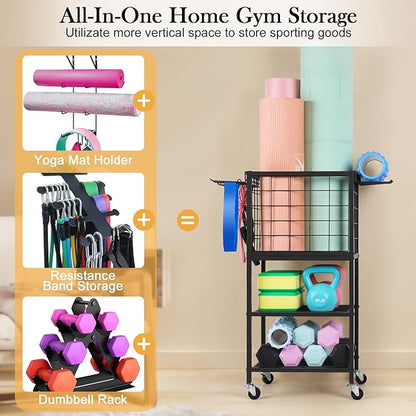 ETELI Yoga Mat Storage Rack Home Gym Workout Equipment Storage Cart with Hooks Wheels Small Metal Weight Rack for Dumbbells, Kettlebells, Foam Rollers, Resistance Bands, Yoga Block