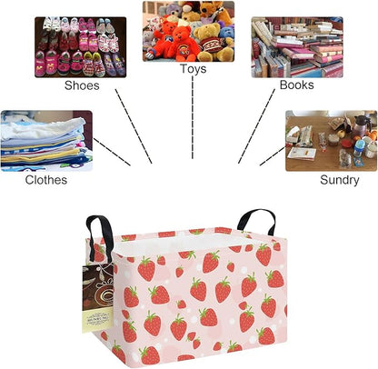 HUNRUNG Rectangle Storage Basket Cute Canvas Organizer Bin for Pet/Children Toys, Books, Clothes Perfect for Rooms/Playroom(REC-Pink Strawberry)