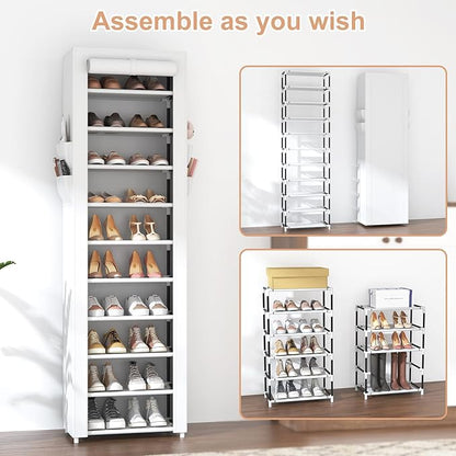 VTRIN Vertical Narrow Shoe Rack Organizer Tall Shoe Rack for Closet Entryway 10 Tier Non-Woven Cover Shoe Shelf Holds 20-22 Pairs Free Standing Shoe Storage Cabinet with Dustproof Cover, White