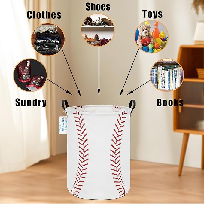 LANGYASHAN Laundry Basket Canvas Fabric Collapsible Organizer Basket for Storage Bin Toy Bins Gift Baskets Bedroom Clothes Children Nursery Hamper (Baseball)