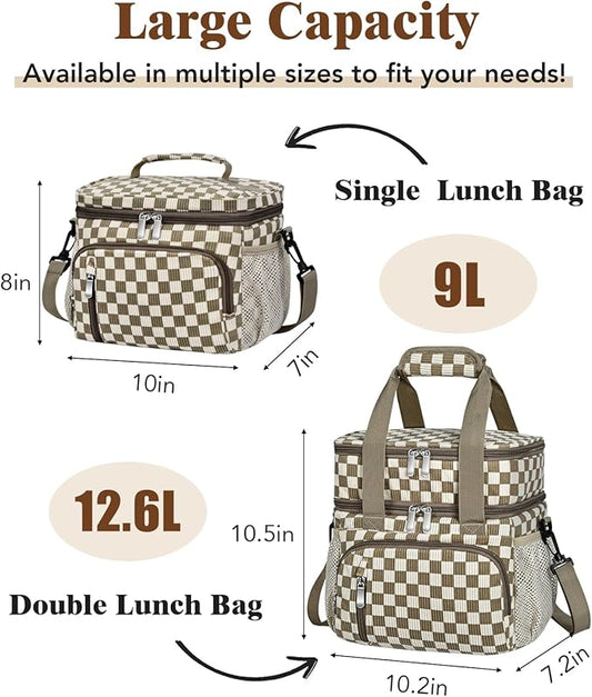 Insulated Lunch Bag for Women, Double Leakproof Lunch Box Soft Cooler Tote with 5 Pockets, 600D Oxford, EVA Lining, Adjustable Strap for Work, Picnic, Beach&Travel- Corduroy Khaki Checkered