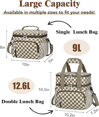 Insulated Lunch Bag for Men & Women, 9L Leakproof Lunch Box Soft Cooler Tote with 5 Pockets, 600D Oxford, EVA Lining, Adjustable Strap for Work, Picnic, Beach&Travel-Corduroy Khaki Checkered