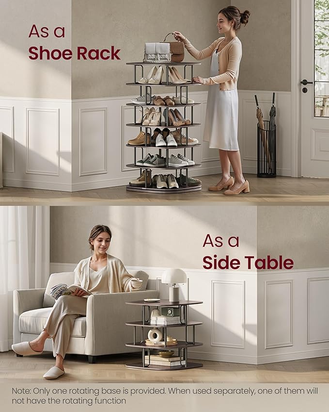 VASAGLE 7-Tier Shoe Rack, Rotating Shoe Rack Tower, Shoe Closet Organizer, Shoe Shelf, 28-35 Pairs, 23.6 x 23.6 x 47.2 Inches, for Entryway, Living Room, Closet, Ink Black and Ash Brown ULBS041B01
