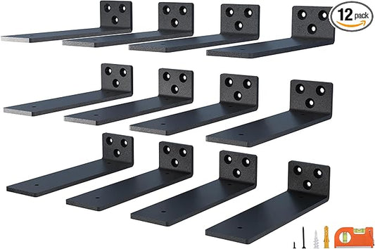12-Pack 6 Inch Floating Shelf Brackets, Heavy Duty Hidden Shelves Bracket for Small Shelf, Kitchen Shelf, Nursery Shelf, Black Powder Coated Steel