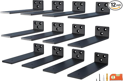 12-Pack 10 Inch Floating Shelf Brackets, Heavy Duty Hidden Shelves Bracket for Small Shelf, Kitchen Shelf, Nursery Shelf, Black Powder Coated Steel
