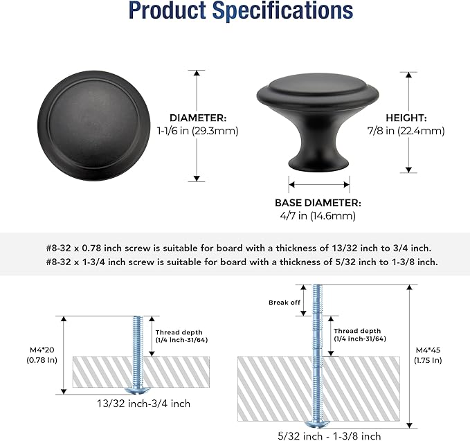 JOY DECOR 30 Pack Matte Black Cabinet Drawer Hardware 30mm Kitchen Cabinet Knobs Drawer Pulls with Installation Screws for Dressers Kitchens Cupboard