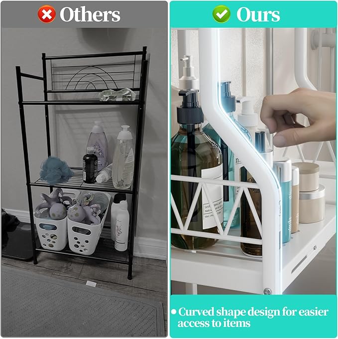 HapiRm Bathroom Shelf Unit Organizer - 3 Tier Expandable Narrow Shelf, Metal Free-Standing Shelves, Open Floor Rack Slim Storage Cabinet, Ideal for Bathroom, Laundry, Kitchen Organization (White)