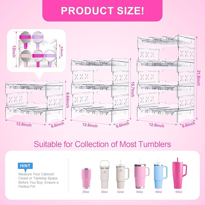 JYPS Tumbler Organizer, Acrylic Water Bottle Storage For Full Stanley 40oz Tumbler, Stackable Handle Cup Holder For Home Kitchen Pantry Countertop Cabinet, Size For Stanley/HydroJug/Owala/YETI/BrüMate