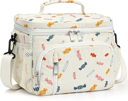 Insulated Lunch Bag for Men & Women, 9L Leakproof Lunch Box Soft Cooler Tote with 5 Pockets, 600D Oxford, EVA Lining, Adjustable Strap for Work, Picnic, Beach&Travel-Corduroy Colorful Candy