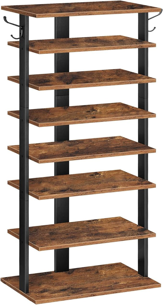 HOOBRO 8 Tiers Vertical Shoe Rack, Wooden Shoe Storage Organizer with Hooks, Narrow Shoe Tower for 16 Pairs, Space Saving, for Entryway, Living Room, Bedroom, Rustic Brown BF750XJ01