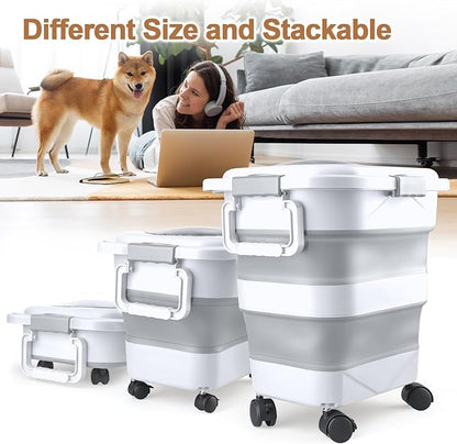 Dog Food Storage Container，10-25 lbs Airtight Collapsible Cat Food Storage Container with Attachable Wheels, Portable Handle, Dog Food Scoop for Dog Cat Bird Pet Dry Food Storage Bin Light Grey