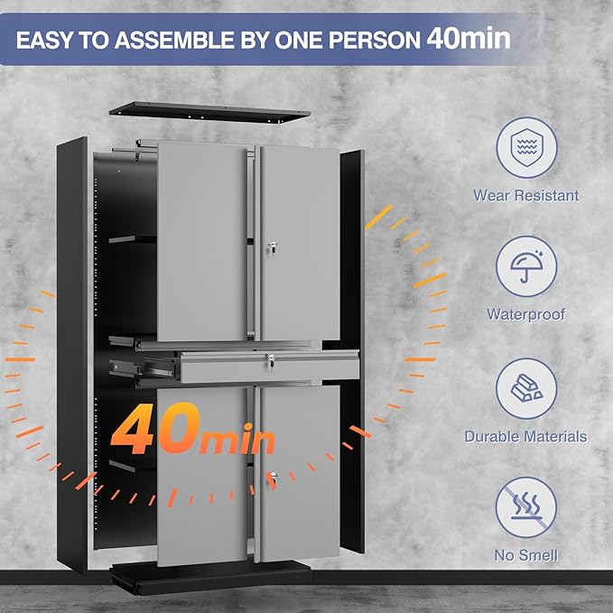 Metal Storage Cabinet with Drawer, Garage Storage Cabinet with Locking Doors and Adjustable Shelves for Garage, Home Office,Warehouse