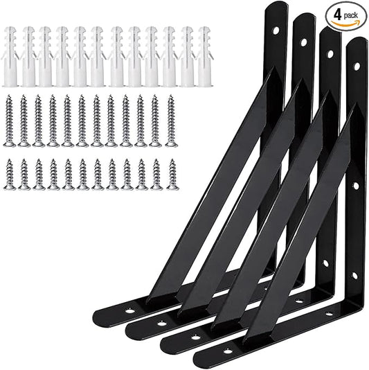 Shelf Brackets 12 Inch x 8 Inch, 4 6 10 16 20 Inch Heavy Duty Shelf Brackets, Black Powder-Coated Wall Brackets Shelves 4 Pack