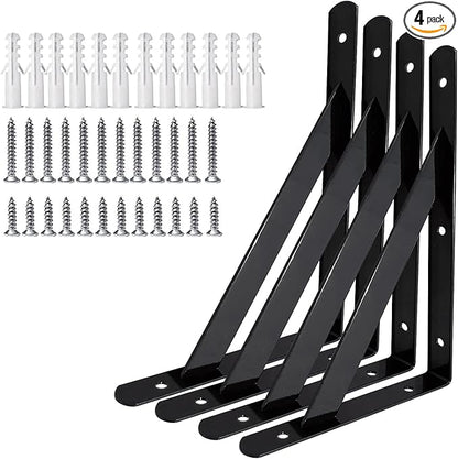 Heavy Duty Shelf Brackets, 10 in X 6 in, for 4 6 8 12 16 20 Inch Black Powder-Coated Shelf Brackets, Wall Mount Floating Shelf Bracket 4 Pack, L Brackets for Wood