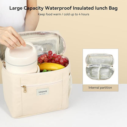 Voova Stackable Stainless Steel Thermal Lunch Box with Lunch Bag and Cultery Set for Adult Women Men, 3 Tier Leakproof & Microwave Safe Insulated Bento Boxes Food Container for Work, Beige