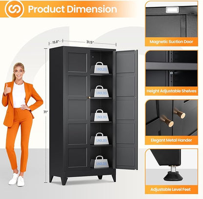 71" Tall Kitchen Cabinet Storage Unit With 2 Doors and 4 Adjustable Shelves, Metal Black Freestanding Cupboard, 5 Tier Kitchen Pantry Storage Cabinet for Kitchen Dining/Living Room/Garage/Home/Office