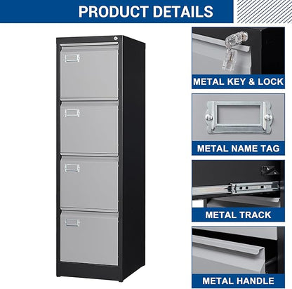 File Cabinets - 4 Drawers Vertical 17.8" Deep Lockable Filing Cabinet - Black & Gray Metal Storage Cabinets for Home Office to Hanging Files Letter/Legal/F4/A4 Size