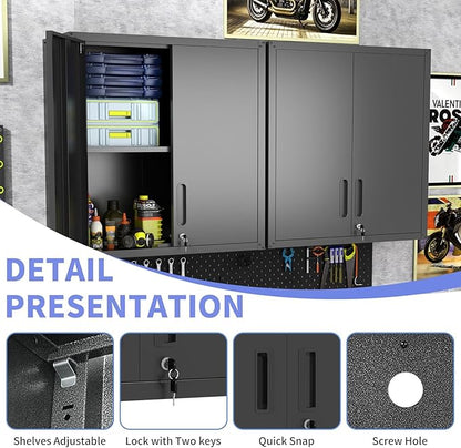 Garage Storage Cabinet System 6pcs Heavy Duty Workshop Set Wall Cabinet Lockable Rolling Tool Cabinets with Adjustable Shelves Metal Garage Storage Cabinets