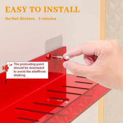 2 Pack Floating Shelves–15'' Red Acrylic/PET Wall-Mounted No Drill Storage with Adhesive, Bathroom & Bedroom Shelving for Kitchen, Living Room, Home Decor