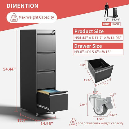 4 Drawer Mobile File Cabinet with Lock,Black Metal Locking Filing Cabinets,Vertical File Cabinet for Home Office,Rolling Storage Cabinet for A4/Letter/Legal Size File,Assembly Required