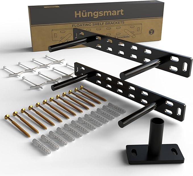 Set of 2 Floating Shelf Brackets 11 inch Multiple Mounting Location Baseplate/Heavy Duty Black Painted Mild Steel Bracket Hidden Wall Shelves Support Hardware Mount Kitchen/Nursery Decor (4 inch Rods)