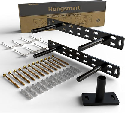 Set of 2 Floating Shelf Brackets 11 inch Multiple Mounting Location Baseplate/Heavy Duty Black Painted Mild Steel Bracket Hidden Wall Shelves Support Hardware Mount Kitchen/Nursery Decor (4 inch Rods)