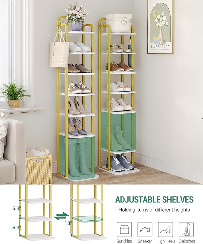 8 Tiers Vertical Shoe Rack, Narrow Shoe Tower, Tall Shoes Shelf with 2 Hooks, Adjustable Shelves, Corner Shoes Shelves for Small Spaces, Entryway, Living Room, White Gold SR04313A